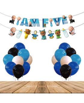  Boss Baby 5th Birthday Combo- 5 (Pack of 51 pcs), Baby Boss Party Supplies Set, Party Supplies, Children Party Decoration Supplies-  Banner & Multicolour Balloons