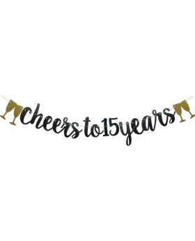 Cheers to 15 Years Banner Black Paper Glitter Party Decorations for 15TH Wedding Anniversary 15 Years Old 15TH Birthday Party Supplies Letters Black