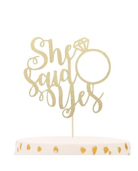 "She Said Yes" Cake Topper (Diamond Ring) -Gold Glitter For Bridal Shower, Engagement, Proposal & Bachelorette Party Decorations