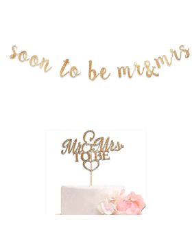 Gold Glitter Mr&Mrs Banner & Cake Topper Combo For Wedding Shower & Bachelorette Party Decoration