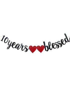 10 Years Blessed Banner Black Paper Glitter Party Decorations for 10TH Wedding Anniversary 10 Years Old 10TH Birthday Party Supplies Letters Black