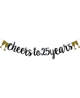 Cheers to 25 Years Banner Black Paper Glitter Party Decorations for 25TH Wedding Anniversary 25 Years Old 25TH Birthday Party Supplies Letters Black