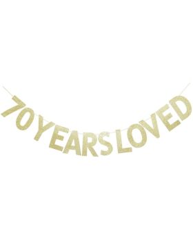 70 Years Loved Gold Glitter Banner for 70th Birthday/Wedding Anniversary Party Sign Photo Props