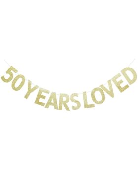 50 Years Loved Gold Glitter Banner for 50th Birthday/Wedding Anniversary Party Sign Photo Props