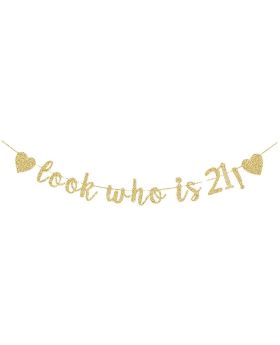 Look Who is 21! Banner, Boys/Girls' 21st Birthday Party Sign Decors Shiny Gold Gliter Paper Backdrops