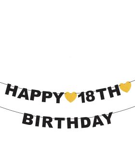 18th Birthday Decoration Set - Happy 18th Birthday Banner with Black & Gold Glitter Circle Dots Perfect for Eighteen Years Old Birthday Party Decorations