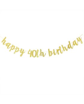 Happy 40th Birthday Banner Gold Glitter Hello 40th Hang Bunting Birthday Party Decorations Supplies