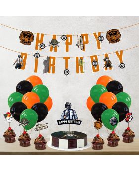 Video Game Happy Birthday Decorations - PUBG Happy Birthday Party Supplies Picks for Kids Gaming Play Themed Birthday Party Supplies Combo(Banner,Cake Topper,Cup Cake Toppers & Balloons)
