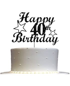 40 Birthday Black Glitter Cake Topper, 40th Party Decoration Ideas, Premium Quality, Sturdy Doubled Sided Glitter, Acrylic Stick.