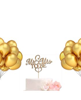 Mr&Mrs Decoration Combo2 Cake Topper & Balloons in Gold Glitter For Wedding Shower & Bachelorette Party Decoration
