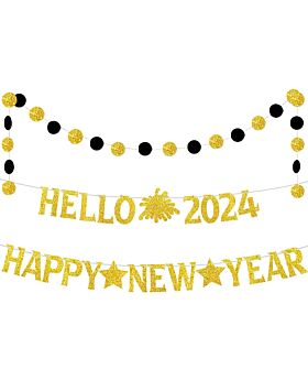Festiko® Gold & Rose Gold Hello 2023 Happy New Year Banner, Happy New Year Party Decoration Supplies, 2023 New Year Eve Party Décor, Bunting Banner Photo Booth Props