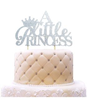 A Little Princess with Crown Cake Topper for Baby Shower, Birthday, Wedding Party Decorations (Silver Glitter)