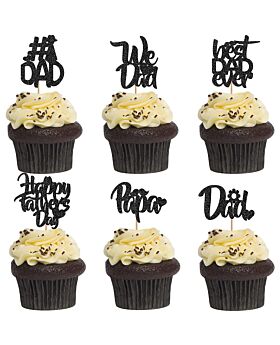 Festiko® Happy Father's Day Cupcake Toppers in Black Glitter (Set of 6 Pcs), Father's Day Cake Toppers, Father's Day Combo, Fathers day Decoration Items