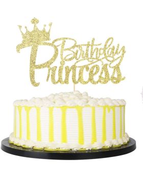 Princess Theme Cake Topper - Crown Girl Theme Birthday Party Cake Decoration Supplies (Golden)