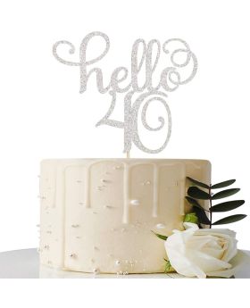 Sliver Glitter Hello 40 Cake Topper - Cheer to 40th Years - 40 and Fabulous Cake Topper - 40th Birthday/Wedding Anniversary Party Sign Decorations