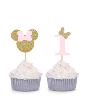 Festiko® Minnie Mouse Inspired First Birthday Party Picks - Pink and Gold Baby Girl Cupcake Toppers - Set of 24