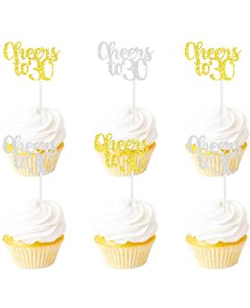 18PCS Cheers to 30 Cupcake Topper Picks for 30th Happy Birthday Wedding Anniversary Celebrating 30 Years Old Cake Dessert Decoration Supplies Gold silver Glitter