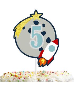 5th Happy Birthday Cake Topper Outer Space Astronauts Theme Rocket Planet Cake Decor Glitter Cheer to 5 Year Old