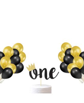 Black Gold Real Glitter Card-Stock One Decoration,First Birthday Product,1st Birthday Decoration Combo (Cake Topper,Balloons)