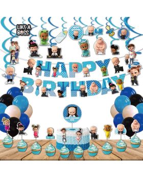 Boss Baby Birthday combo- 1 (Pack of 55 pcs), Boss Baby Party Supplies Set, Baby Party Supplies, Children Party Decoration Supplies- Banner, Swirls, Cake Topper, Cup Cake Toppers & Multicolour Balloons