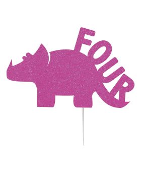 "Four" Dinosaur Hot Pink Glitter Cake Topper For Kid's 4th Birthday Party Theme Jurassic world
