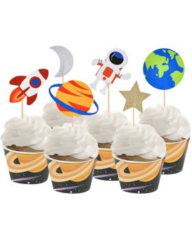 30 PCS Outer Space Cupcake Toppers Planet Party Supplies Birthday Decorations Rocket Astronaut Cupcake Decoration Outer Space Spaceship Themed Kids Children Party Supplies