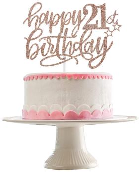 Happy 21st Birthday Cake Topper- Rose Gold Glitter, 21st Birthday Decorations