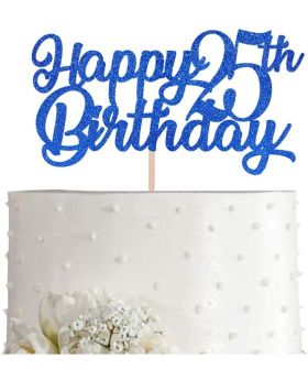 Blue Happy 25th Birthday Cake Topper, Royal Blue Glitter Cheers To 25 Years Party Cake Decorations, Supply