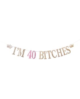 Glitter I'm 40 Banner, Happy 40th Birthday Cake Decorating, Cheers to 40 Years Old Bunting Garlands, Women's 40th Birthday Party Decorations