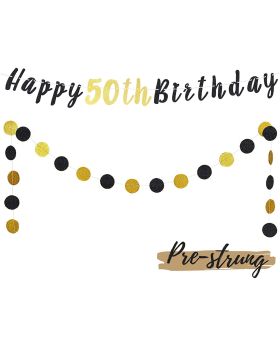 50th Birthday Decoration Set - Happy 50th Birthday Banner with Black & Gold Glitter Circle Dots Cheers to Fifty Years Old Birthday Party Decorations.