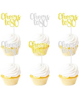 18PCS Cheers to 80 Cupcake Topper Picks for 80th Happy Birthday Wedding Anniversary Celebrating 80 Years Old Cake Dessert Decoration Supplies Gold silver Glitter