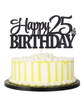 Black Glitter Happy 25th Birthday cake topper - 25 Anniversary Party Decoration (25th)