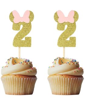 24 PCS Gold Pink Glitter Number 2 Cupcake Toppers for Baby Girl Second Birthday Party Wedding Party Decorations