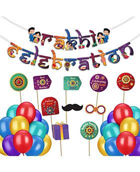 Festiko® Set of 36 Pcs Rakhi Celebration Combo (Banner, Balloons, Photobooth Props), Raksha Bandhan Decoration Combo