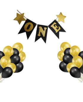Black Gold Real Glitter Card-Stock One Decoration,First Birthday Product,1st Birthday Decoration Combo (Banner,Balloons)