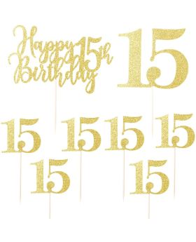 8 pcs- Gold 15th birthday Cake & Cupcake topper, digital 15th Papercup Cake topper/15th birthday party cake topper, Party decorations