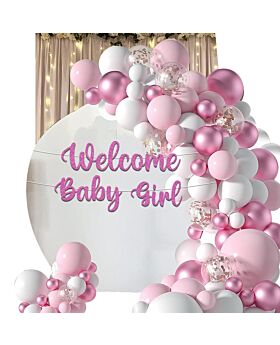 Festiko® Welcome Baby Girl Pink - Set of 52 Pcs (Banner + Fairy Lights + Balloons) , Welcome Baby Decorations