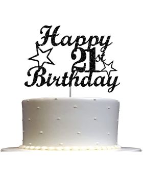 21st Birthday Black Glitter Cake Topper, 21st Party Decoration Ideas, Sturdy Doubled Sided Glitter, Acrylic Stick.