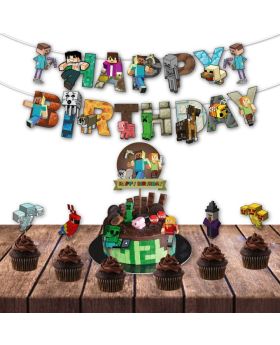 Festiko®8 Pcs Minecraft Birthday Party Decorations,Happy Birthday Decoration,Mine Craft Theme Decoration for Kids Boys Adults Party Supplies Combo Banner,Cake Topper,Cup Cake Toppers
