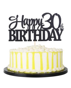 Black Glitter Happy 30th Birthday cake topper - 30 Anniversary Party Decoration (30th)