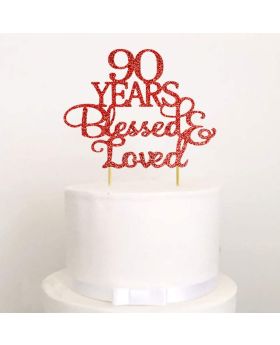 90 Years Blessed & Loved Cake Topper, Glitter 90th Anniversary Wedding Birthday Party Decorations Supplies (Red)