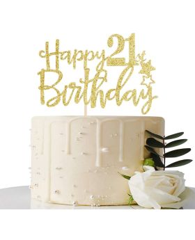 Gold Glitter Happy 21st Birthday Cake Topper,Hello 21, Cheers to 21 Years, 21 & Fabulous Party Decoration