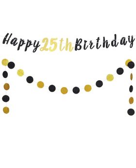25th Birthday Decoration Set - Happy 25th Birthday Banner with Black & Gold Glitter Circle Dots Cheers to 25 Years Old Birthday Party Decorations.
