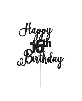 Black Glitter 16th Happy Birthday For Birthday Cake Decoction