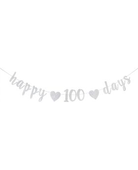 Happy 100 Days Banner, Kid's 100 Days Celebration,100th Day of School, 100 Days Theme Party Decoration (Silver Glitter)