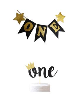 Black Gold Real Glitter Card-Stock One Decoration,First Birthday Product,1st Birthday Decoration Combo (Banner,Cake Topper)