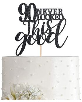 90 Black Glitter Happy 90th Birthday Cake Topper, Cheers to 90 Years Party Cake Topper Decorations, Supplies