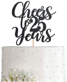 25 Black Glitter Happy 25th Birthday Cake Topper, Cheers to 25 Years Party Cake Topper Decorations, Supplies