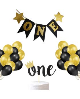 Black Gold Real Glitter Card-Stock One Decoration,First Birthday Product,1st Birthday Decoration Combo (Banner,Cake Topper,Balloons)