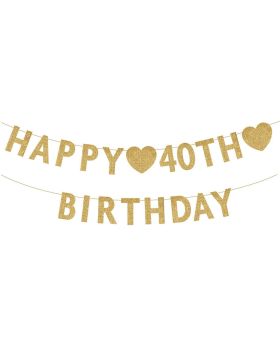 Gold Happy 40th Birthday Banner, Glitter 40 Years Old Woman or Man Party Decorations, Supplies